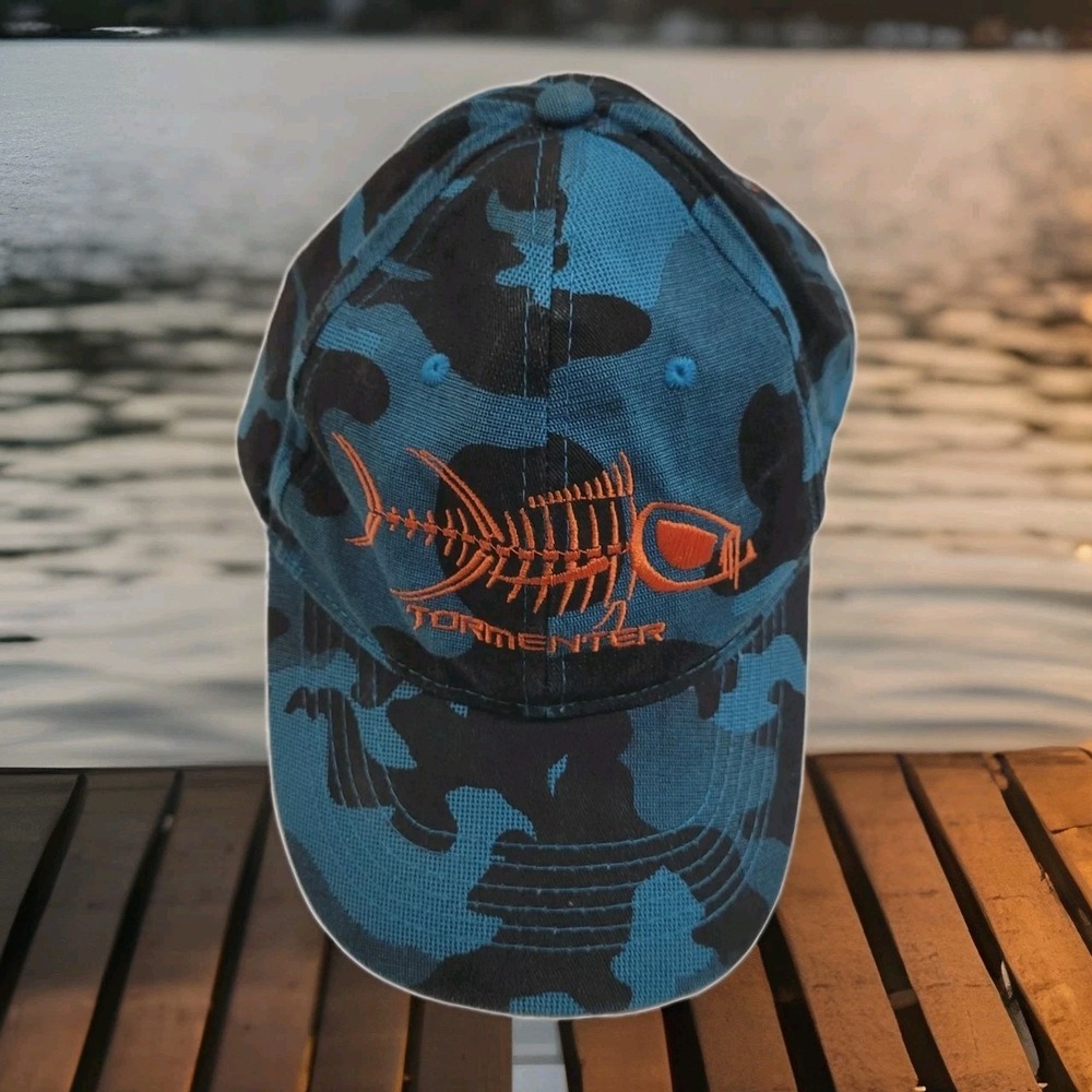 Tormenter Fishing Hat Mens Blue Camo‎ Embroidered Fish Skeleton Adjustable Cap